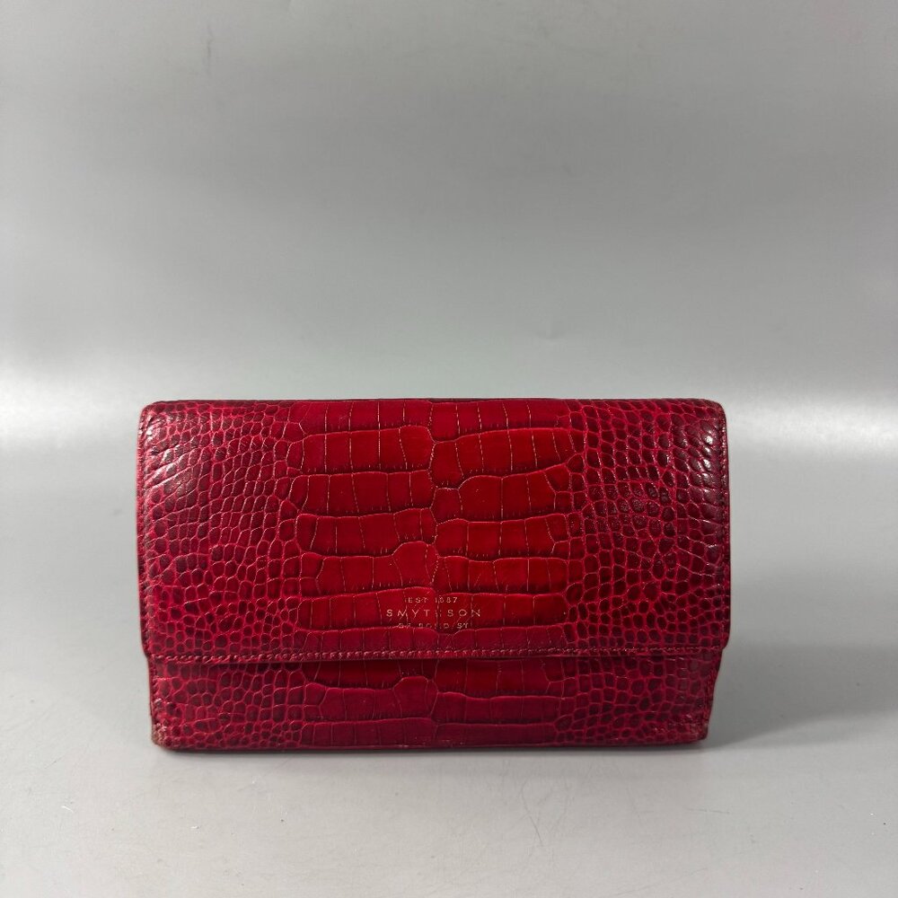 Smythson Red Crocodile Embossed Leather Long Wallet